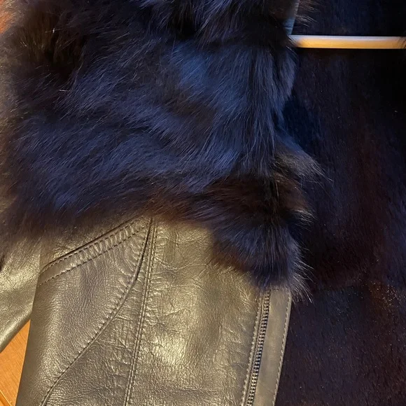 Small rabbit fur lined leather jacket with fox fur collar